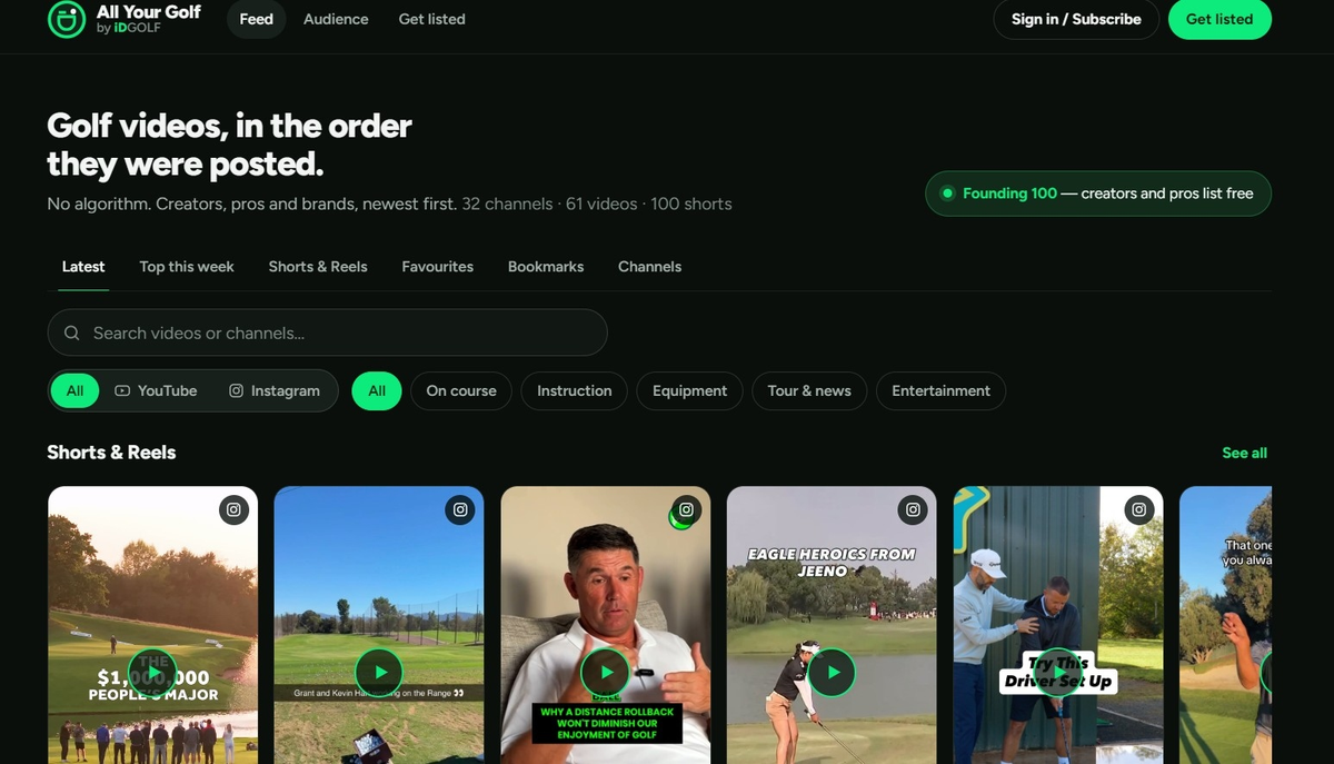 All Your Golf platform showing its chronological golf-video feed and category filters
