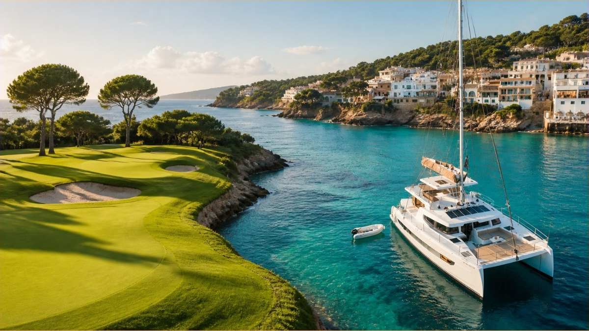 Coastal golf course beside turquoise water and a sailing catamaran